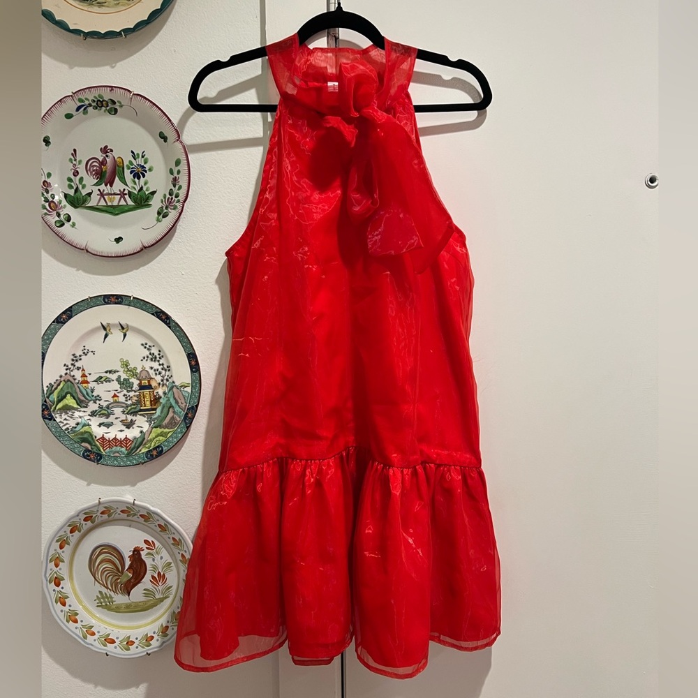 NEW Red Chiffon Dress with Tie Neck - Picture 4 of 5